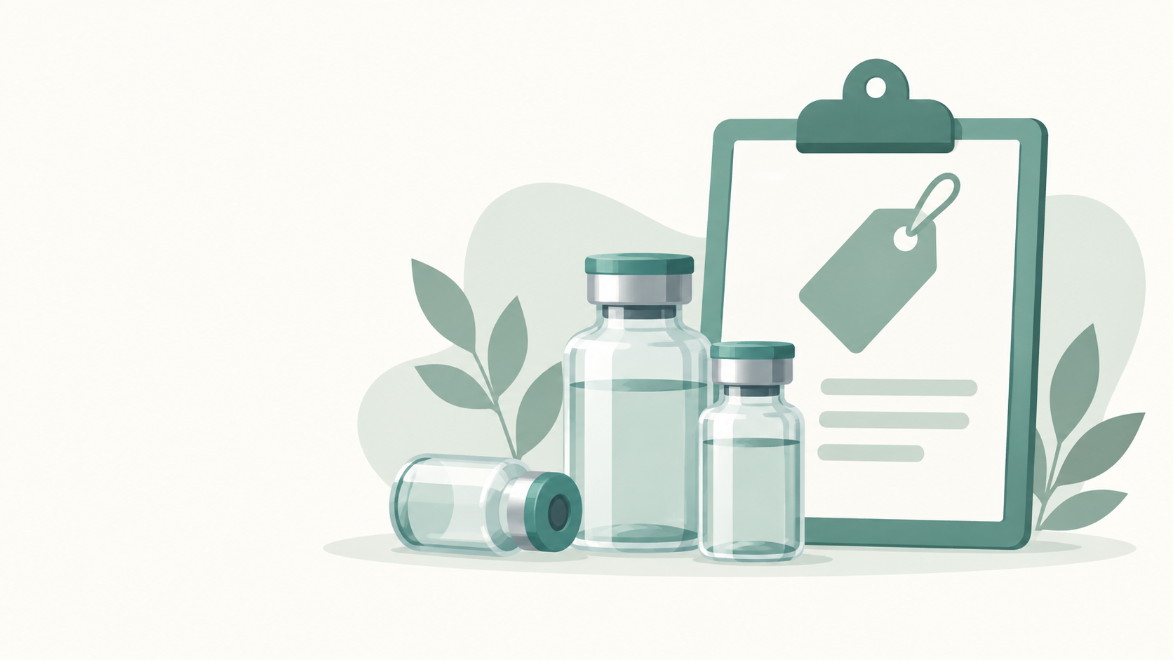 Illustration of medication vials and a price tag